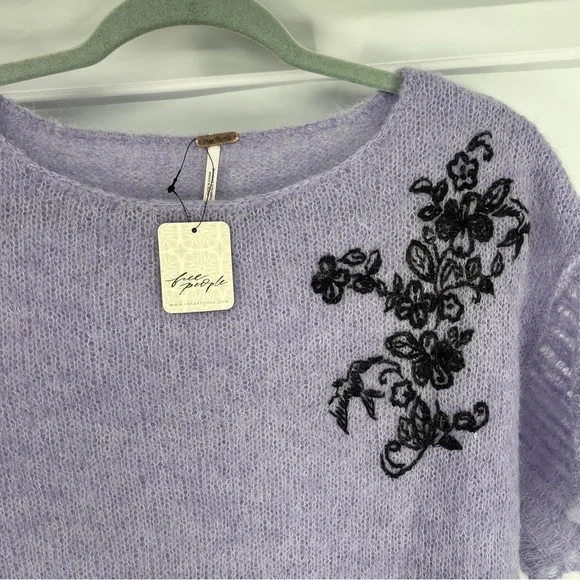 Free People Purple Embroidered Alpaca Blend Cropped Pointelle Knit Sweater S NWT - Picture 6 of 10